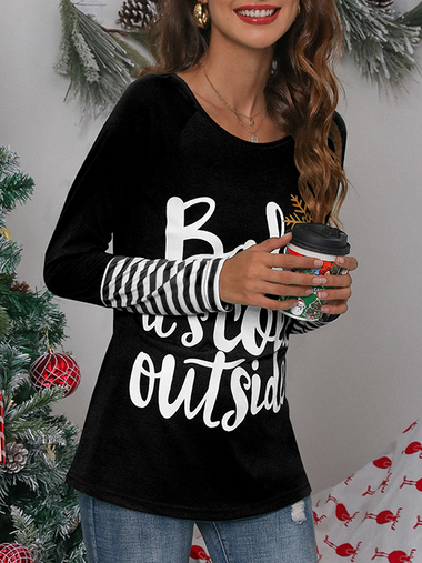 Loose Long Sleeve Crew Neck Text Letters Casual Regular Blouse