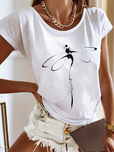 Loose Short Sleeve Crew Neck Dragonfly Casual Regular T-Shirt