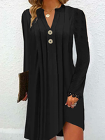 Casual Long Sleeve V Neck Plain Loose Short Dress