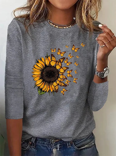 Casual Long Sleeve Crew Neck Sunflower Loose Regular T-Shirt