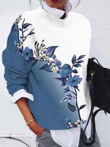 Casual Long Sleeve Crew Neck Floral Zipper Loose Regular Sweatshirt