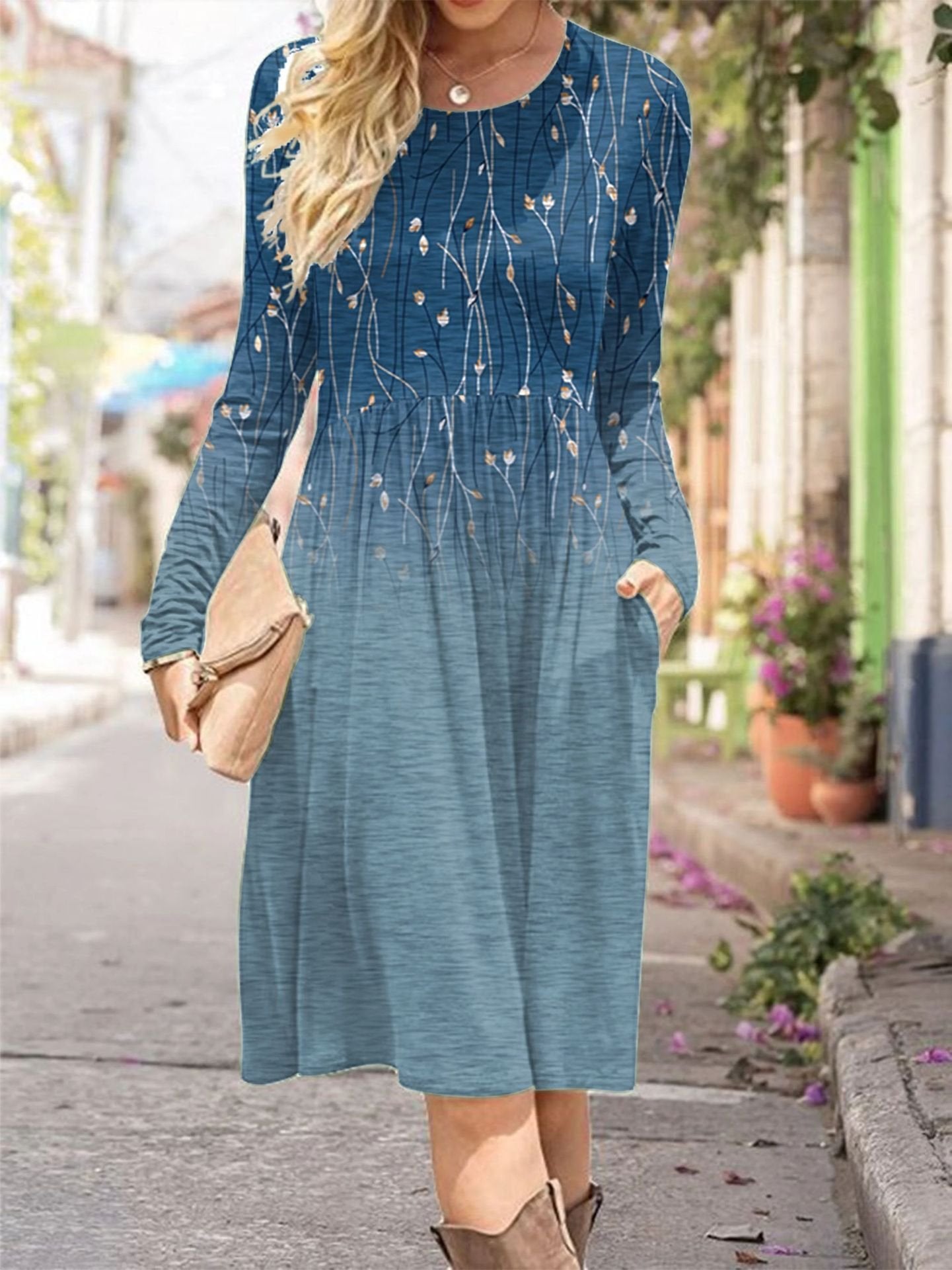 Casual Long Sleeve Crew Neck Floral Midi Dress