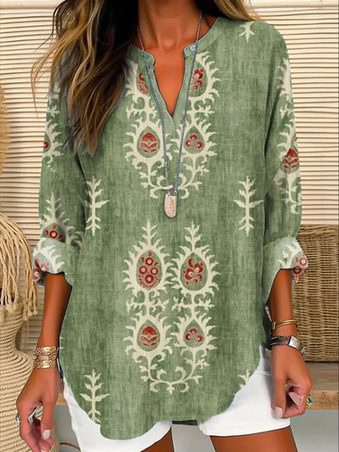 Loose Long Sleeve Notched Ethnic Casual Regular Blouse