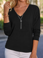 Loose Long Sleeve V Neck Plain Casual Regular T-Shirt