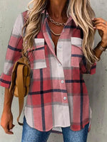 Casual Long Sleeve Shirt Collar Plaid Loose Regular Blouse