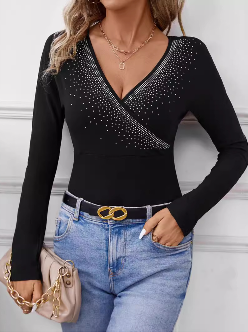 Casual Long Sleeve V Neck Polka Dots Tight Regular Blouse