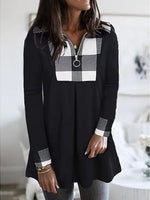 Casual Long Sleeve V Neck Grid Loose Mid-Long Blouse