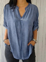 Loose Half Sleeve V Neck Plain Casual Regular Blouse