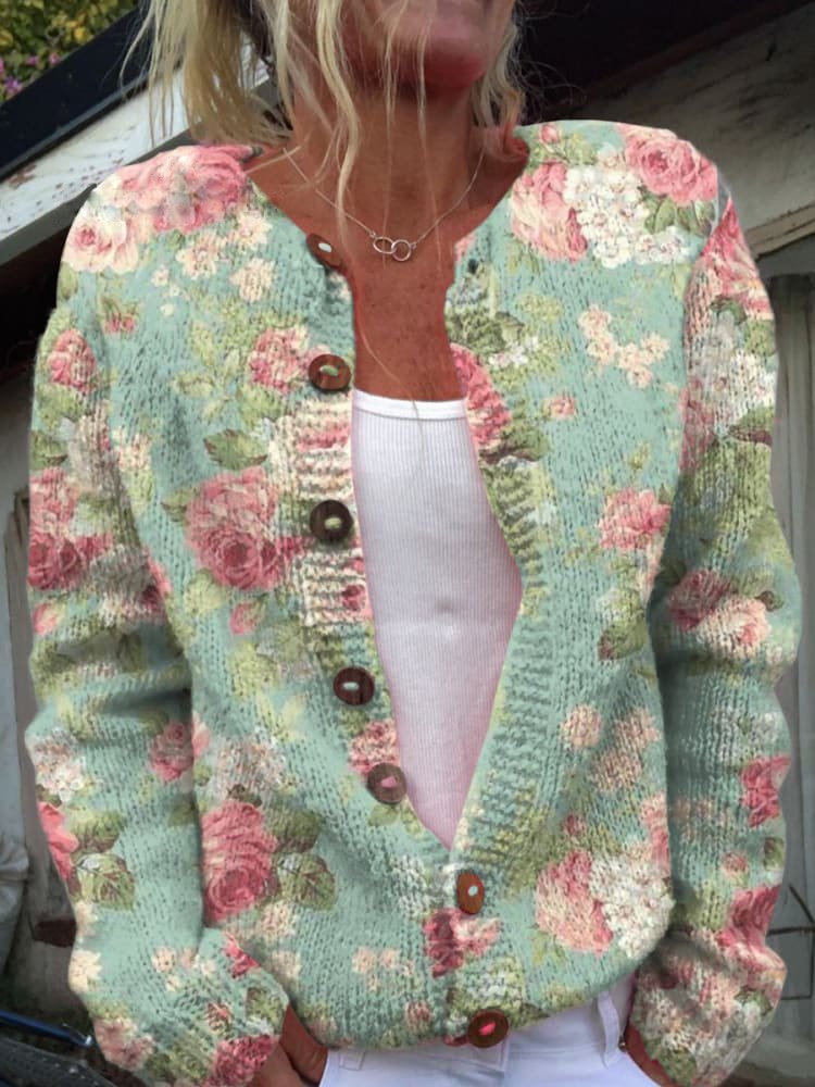 Loose Crew Neck Long Sleeve Floral Casual Regular Cardigan