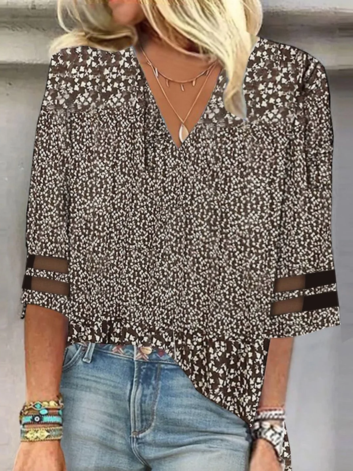 Loose Three Quarter Sleeve V Neck Ditsy Floral Casual Regular Blouse