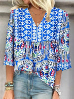 Casual Three Quarter Sleeve V Neck Ethnic Regular Blouse