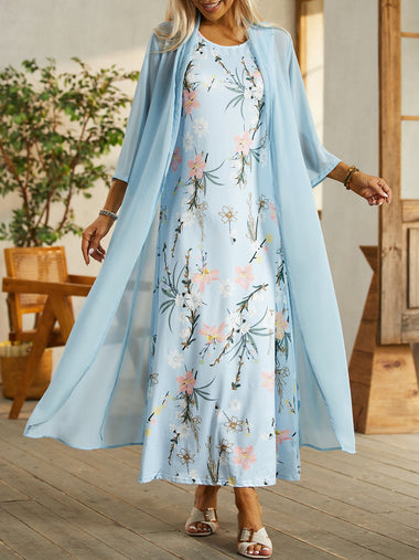 Casual Half Sleeve Crew Neck Floral Loose Maxi Dress