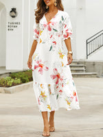 Casual Short Sleeve V Neck Floral Loose Maxi Dress