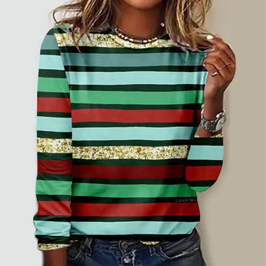 Casual Long Sleeve Crew Neck Christmas Striped Floral Loose Regular T-Shirt