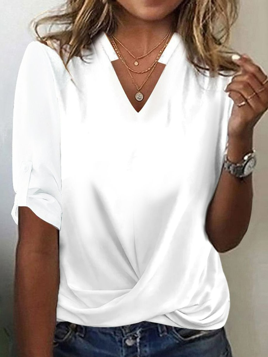 Casual Three Quarter Sleeve V Neck Plain Loose Regular T-Shirt