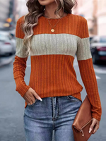 Casual Long Sleeve Crew Neck Color Block Blouse