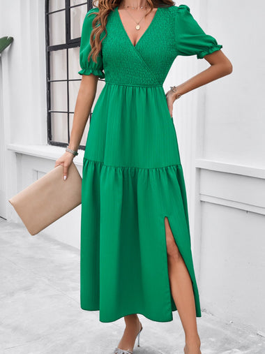 Vacation Short Sleeve V Neck Plain Midi Dress