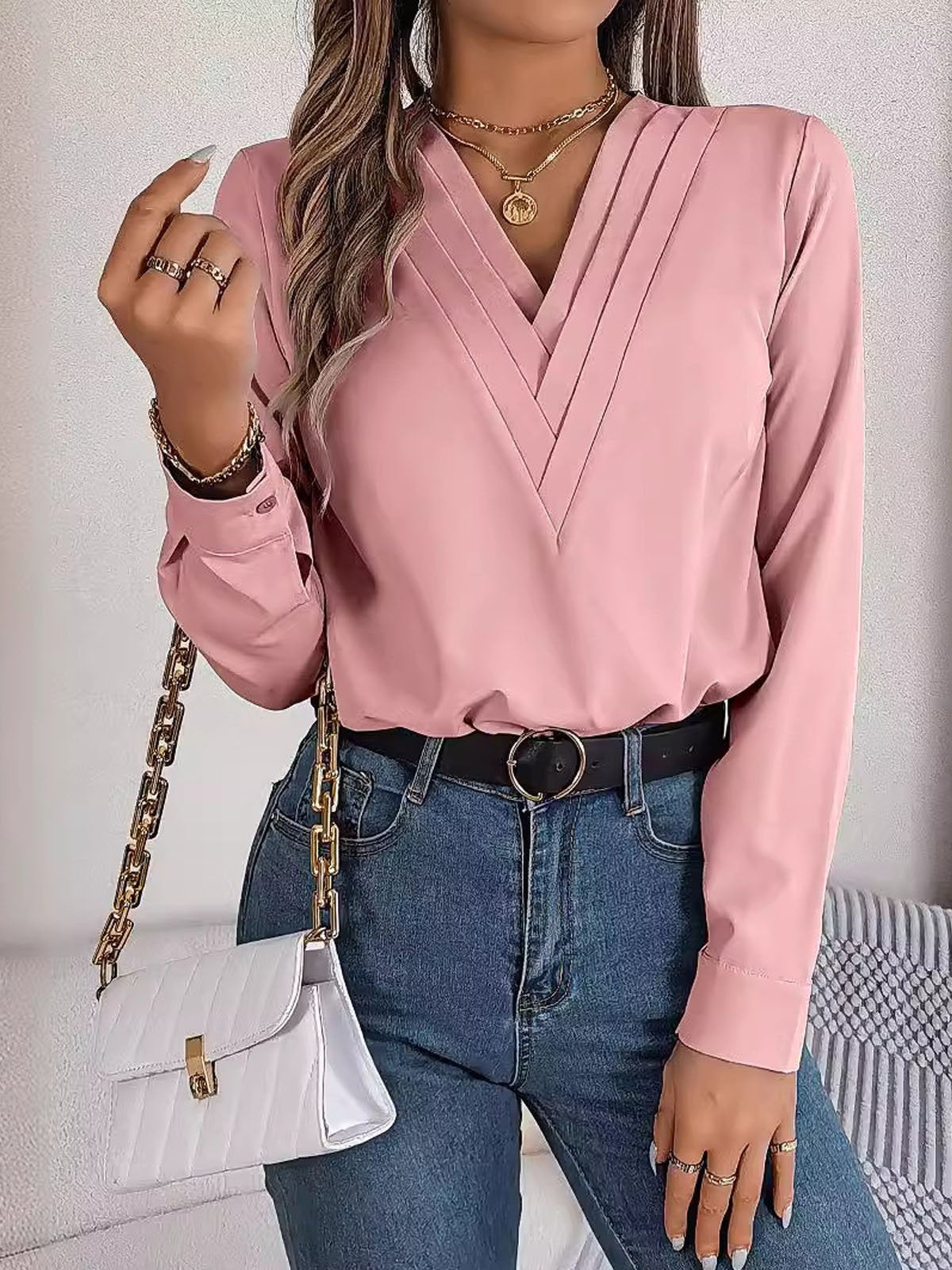 Casual Long Sleeve V Neck Plain Loose Regular Blouse