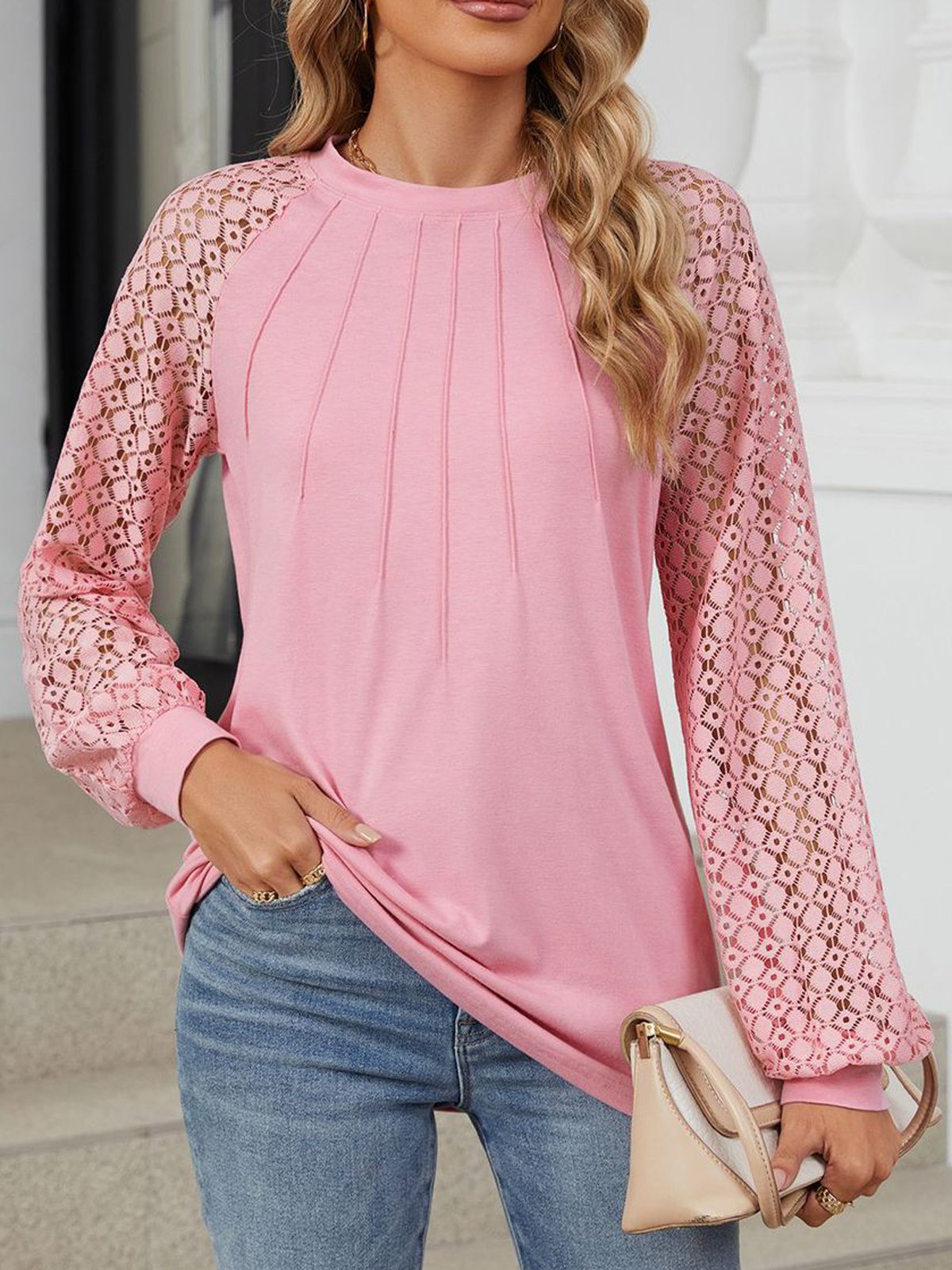 Casual Long Sleeve Crew Neck Plain Loose Regular Blouse