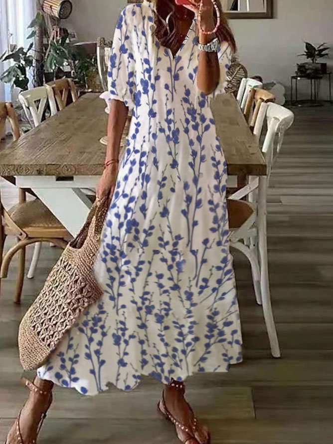 Casual Half Sleeve V Neck Blue Floral Loose Maxi Dress