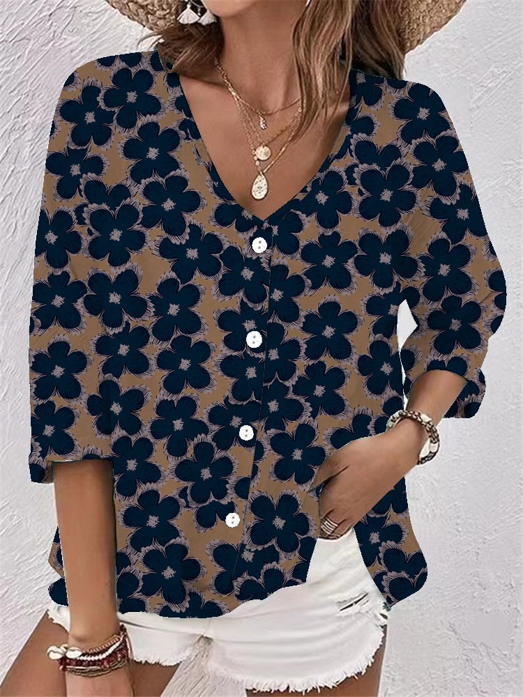 Loose Long Sleeve V Neck Geometric Floral Casual Mid-Long Shirt