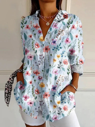 Casual Long Sleeve Shirt Collar Striped Floral Loose Regular Shirt