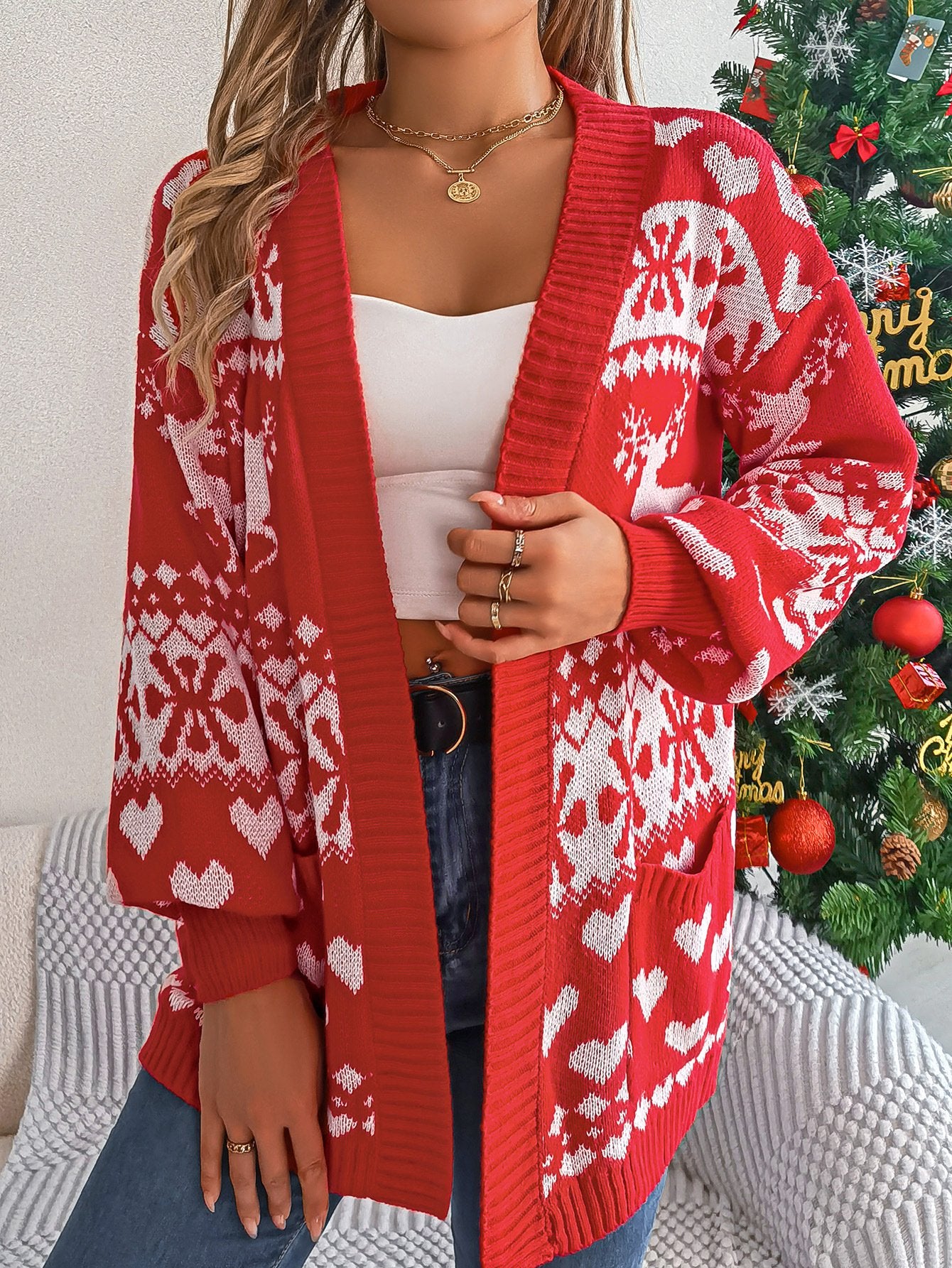 Loose Long Sleeve Christmas Casual Mid-Long Cardigan