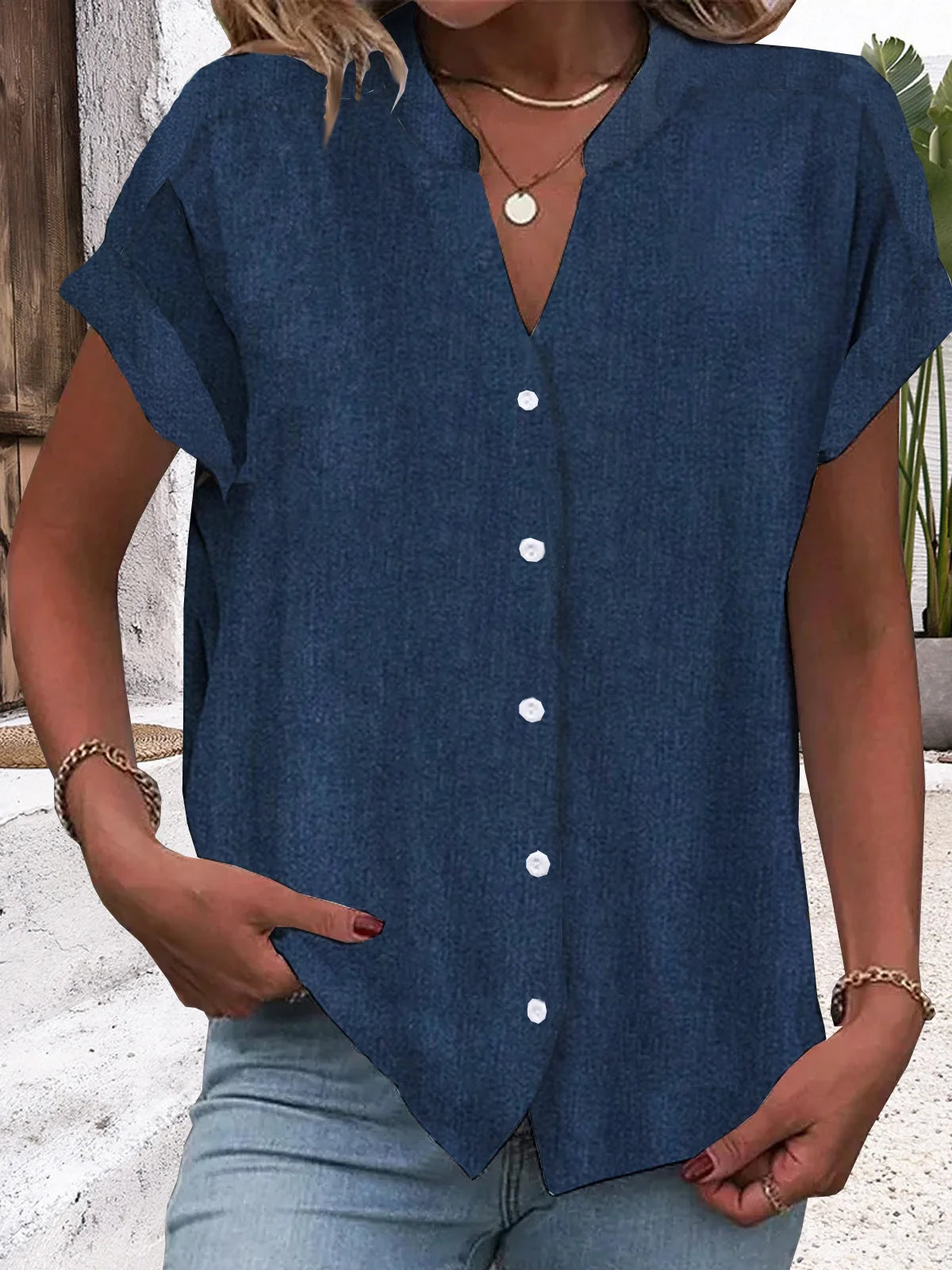 Short Sleeve V Neck Plain Casual Regular Shirt