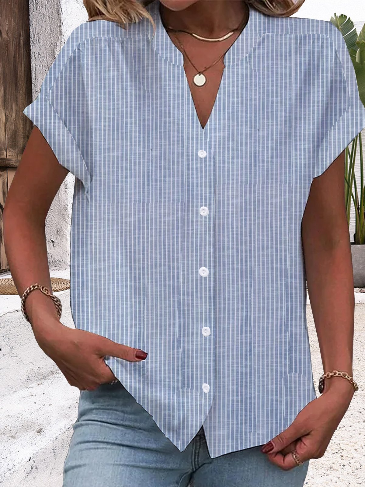 Casual Short Sleeve V Neck Striped Loose Regular Shirt