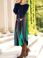 Casual Long Sleeve Crew Neck Abstract Loose Midi Dress