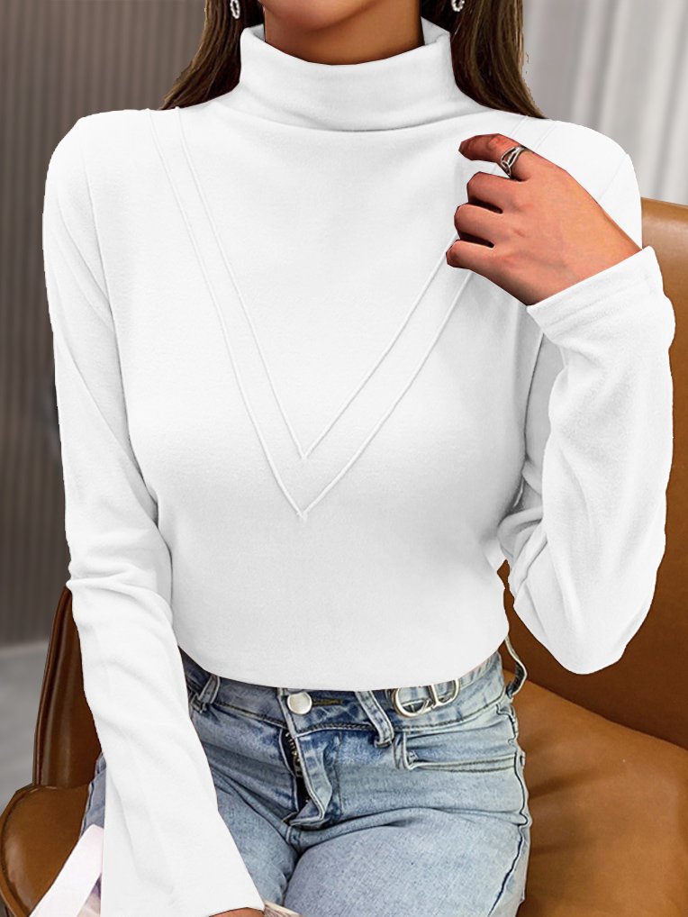 Loose Long Sleeve Mock Neck Plain Casual Regular T-Shirt