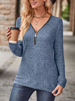 Casual Long Sleeve V Neck Plain Zipper Loose Regular Blouse