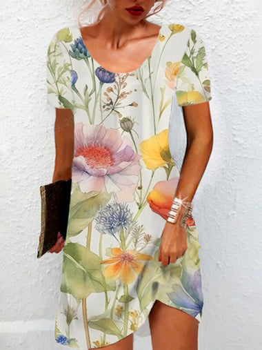 Casual Short Sleeve Crew Neck Floral Loose Short Dress