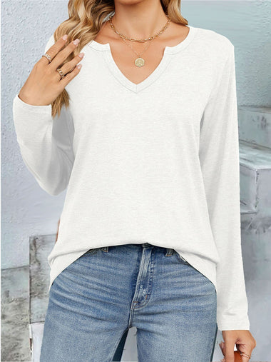 Loose Long Sleeve Notched Plain Casual Regular T-Shirt