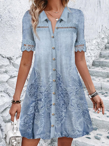 Casual Short Sleeve Shirt Collar Ethnic Loose Short Dress