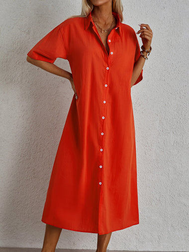 Casual Half Sleeve Shirt Collar Plain Loose Maxi Dress