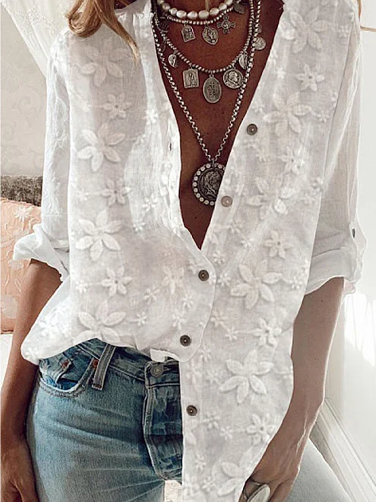 Linen Long Sleeve Shirt Collar Plain Floral Pattern Loose Regular Blouse