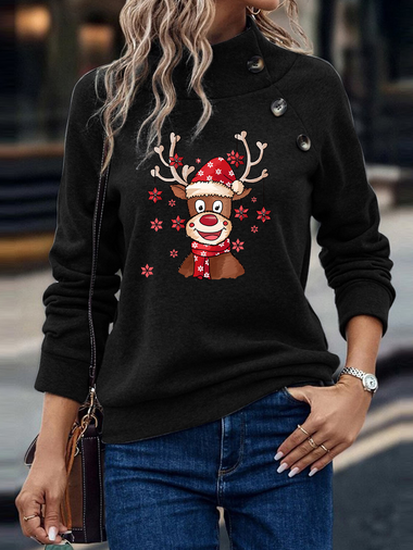 Casual Long Sleeve Mock Neck Christmas Elk Zipper Loose Regular Sweatshirt