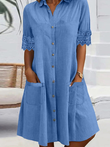 Casual Short Sleeve Shirt Collar Plain Loose Mini Dress