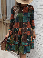 Casual Long Sleeve Crew Neck Ethnic Mini Dress