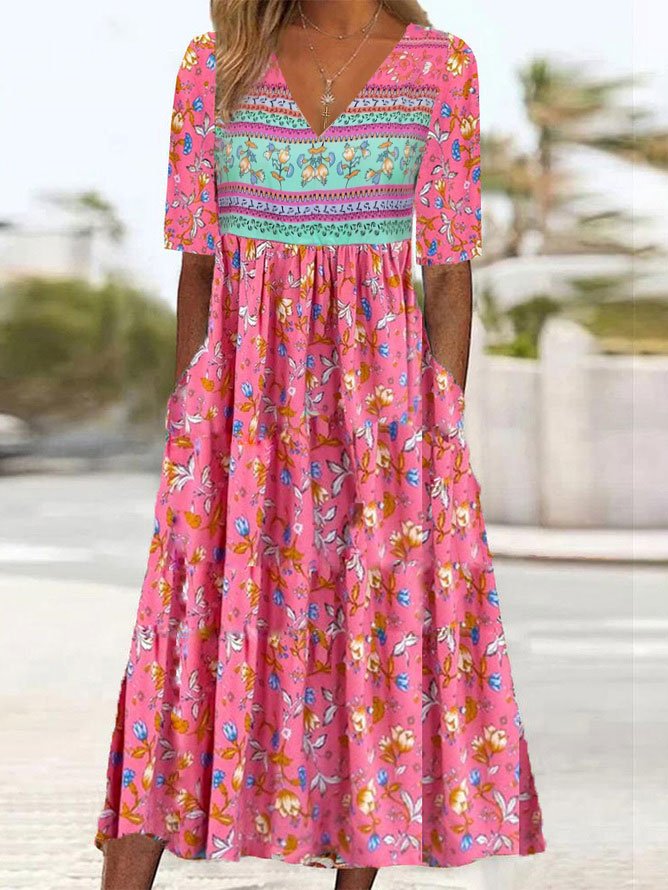 Vacation Half Sleeve Crew Neck Floral Loose Midi Dress