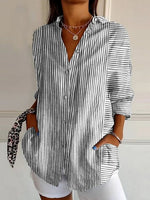 Casual Long Sleeve Shirt Collar Striped Floral Loose Regular Shirt