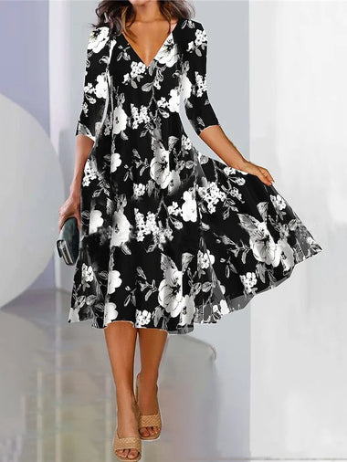 Casual Three Quarter Sleeve V Neck Floral Loose Midi Dress