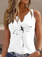 Casual Sleeveless Notched Dragonfly Loose Regular Tank Top