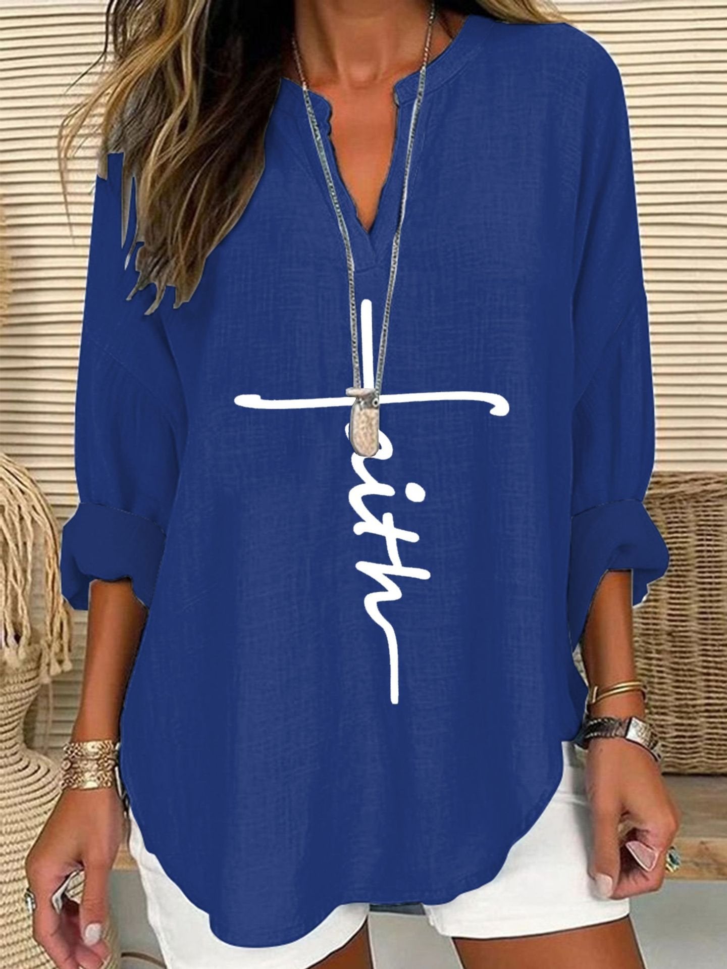 Casual Three Quarter Sleeve Notched Letter Pattern Loose Regular Blouse