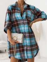 Casual Long Sleeve Shirt Collar Plaid Loose Mini Dress