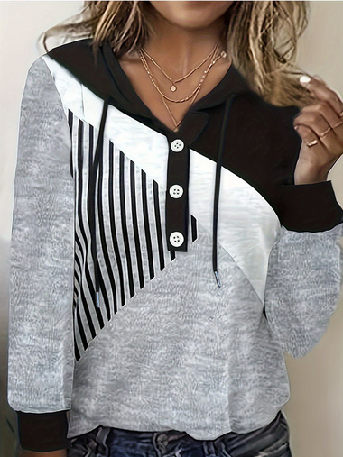 Casual Long Sleeve Hoodie Geometric Loose Regular Blouse