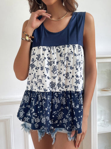 Loose Sleeveless Crew Neck Floral Casual Mid-Long Tank Top