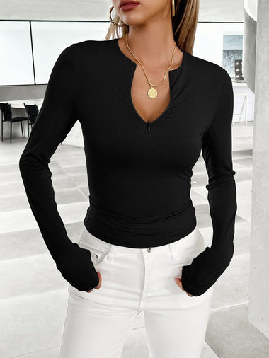 Loose Long Sleeve V Neck Plain Casual Regular T-Shirt