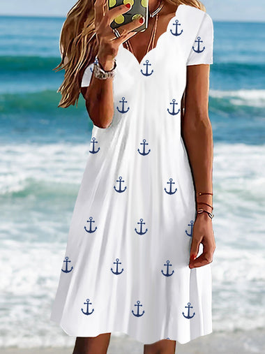 Vacation Short Sleeve V Neck Polka Dots Short Dress